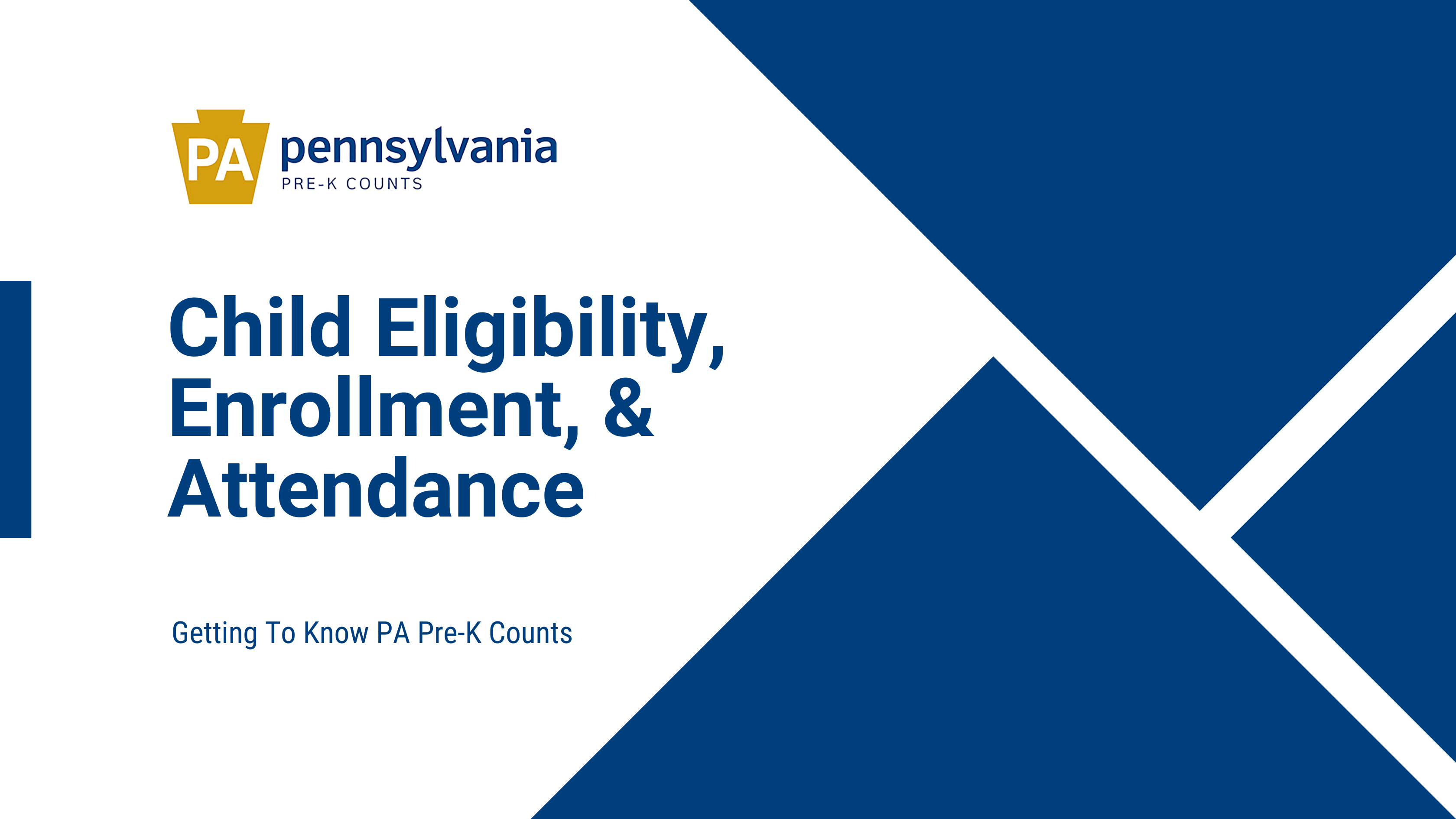 Slide graphic titled ‘Child Eligibility, Enrollment, & Attendance’ from the PA Pre‑K Counts ‘Getting to Know PA Pre‑K Counts’ series, featuring the Pennsylvania Pre‑K Counts logo and blue geometric design elements.