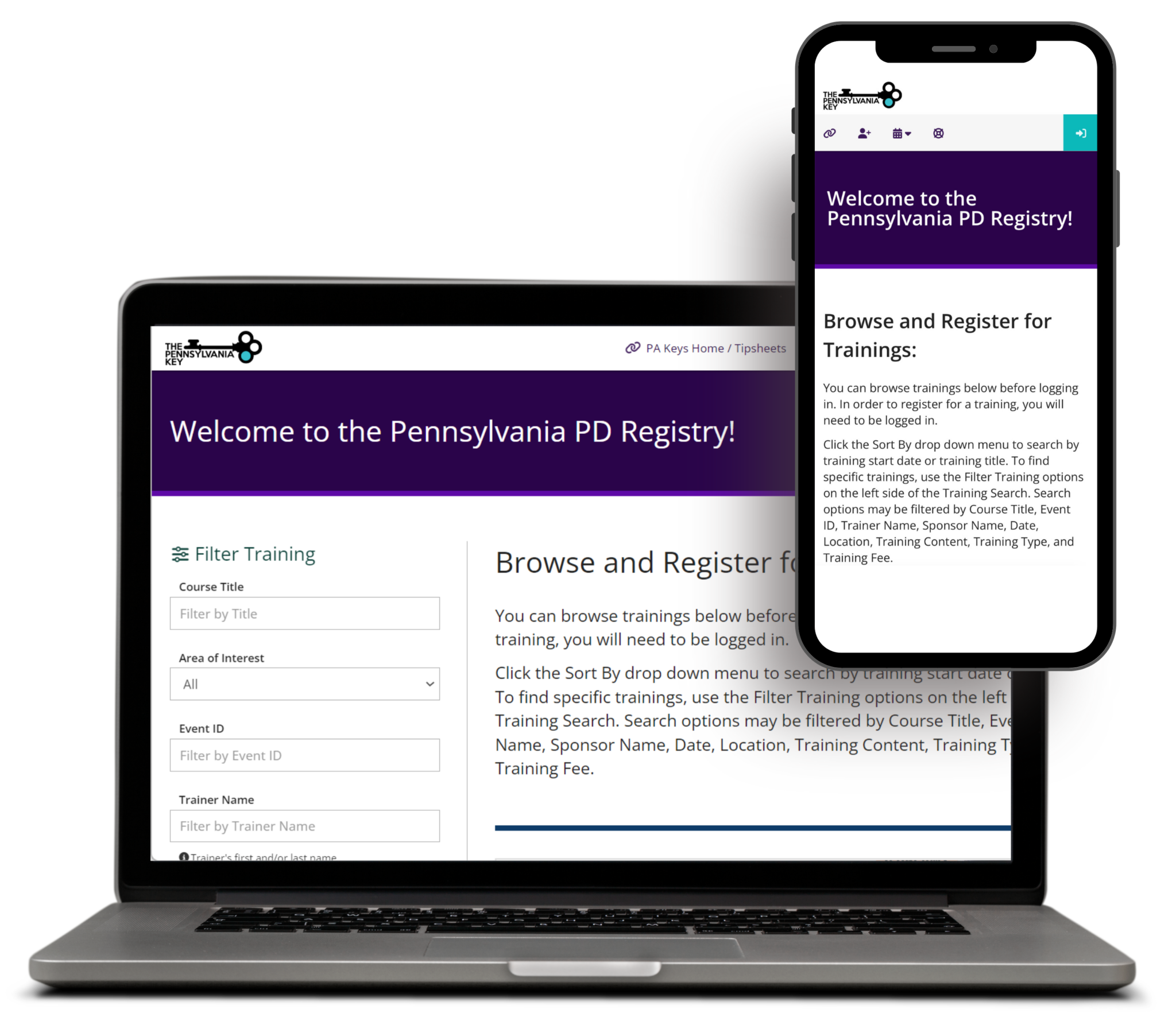 laptop computer and smart phone displaying pd registry home page